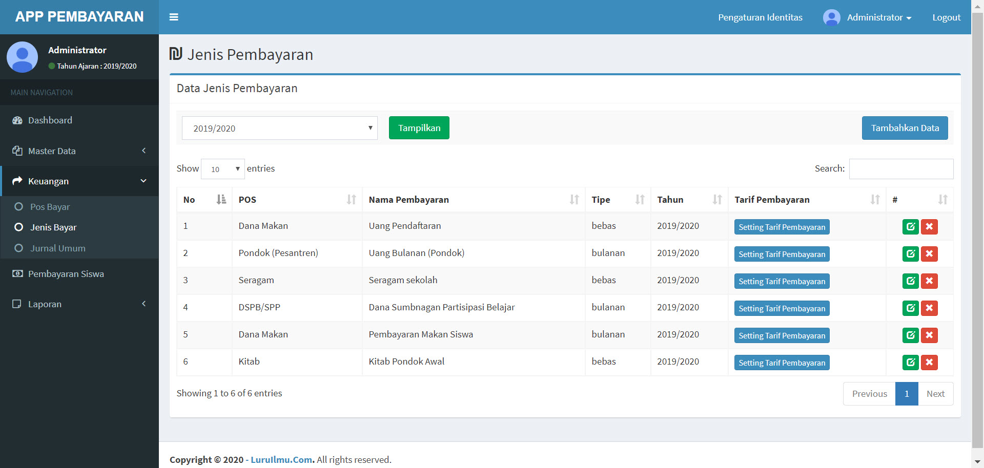 Pengaturan Jenis Bayar dan Seting Tarif