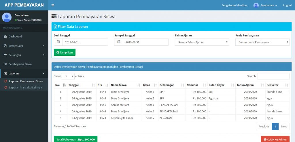 Filter laporan Pembayaran Siswa