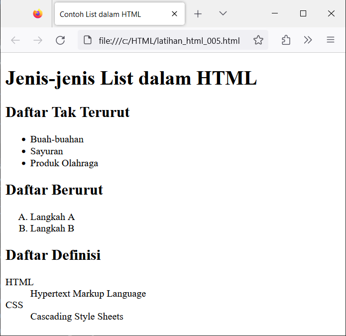 Contoh Daftar (List) HTML